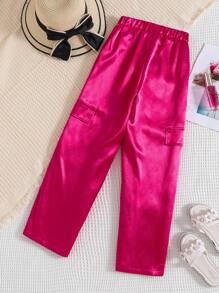 SHEIN Girls Flap Detail Split Hem Trousers - Hot Pink - View 2