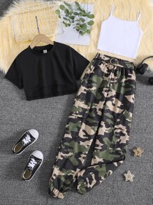 SHEIN Teen Girls High Low Hem Top & Cami Top & Camo Print Pants - Multicolor - View 1
