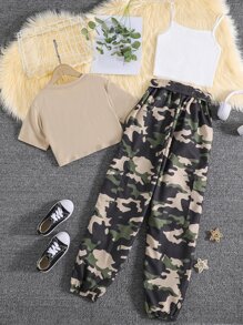 SHEIN 青少年女孩高低下擺上衣和吊帶上衣和迷彩印花長褲 - 彩色 - 查看 2