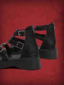 ROMWE Grunge Punk 女士搭扣裝飾踝帶龐克黑色坡跟涼鞋 - 黑色 - 查看 4