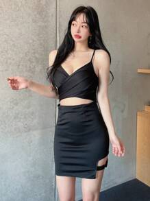 DAZY Solid Criss Cross Cut Out Cami Dress - Black - View 3