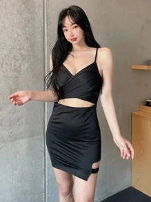 DAZY Solid Criss Cross Cut Out Cami Dress - Black - View 8