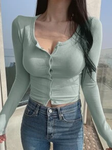 DAZY 素色前紐扣短款T恤 - 綠色 - 查看 5