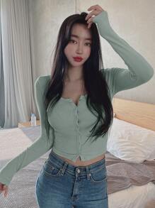 DAZY 素色前紐扣短款T恤 - 綠色 - 查看 6