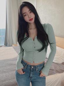 DAZY 素色前紐扣短款T恤 - 綠色 - 查看 7