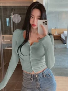 DAZY 素色前紐扣短款T恤 - 綠色 - 查看 8