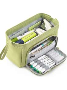 1pc Solid Color Stationery Bag, Simple Multi-layer Pen Bag For School Student Stationery Organizer - Green - View 1