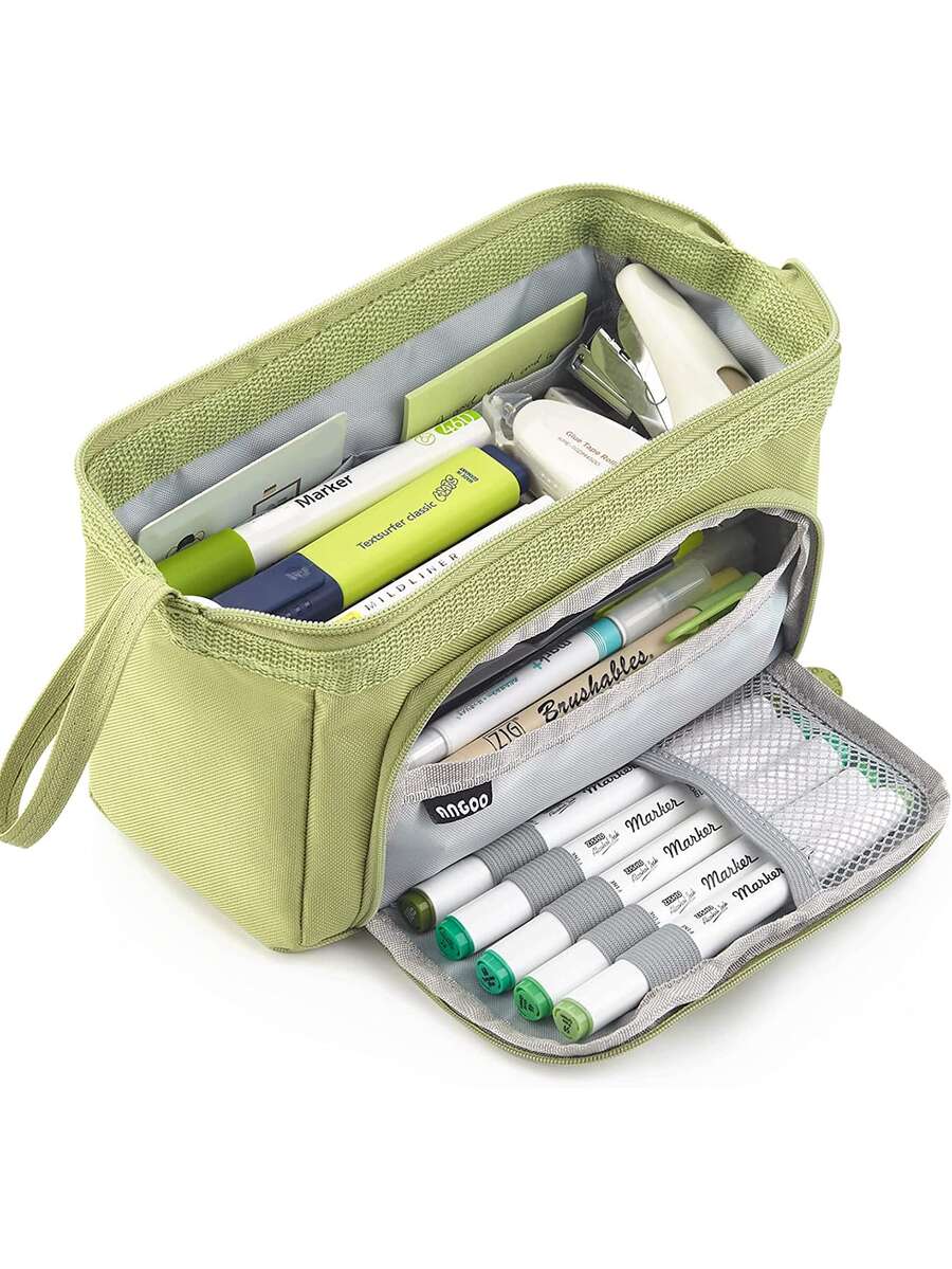 1pc Solid Color Stationery Bag, Simple Multi-layer Pen Bag For School Student Stationery Organizer - Green - View 1