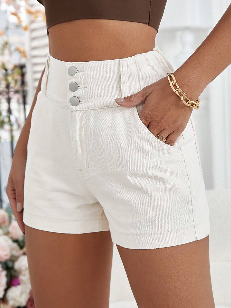 SHEIN Essnce 素色前紐扣斜口袋牛仔短褲 - 杏色 - 查看 1