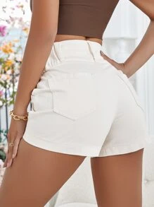 SHEIN Essnce 素色前紐扣斜口袋牛仔短褲 - 杏色 - 查看 2