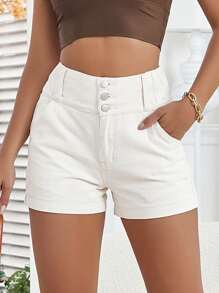 SHEIN Essnce 素色前紐扣斜口袋牛仔短褲 - 杏色 - 查看 3