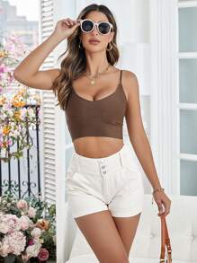 SHEIN Essnce 素色前紐扣斜口袋牛仔短褲 - 杏色 - 查看 5