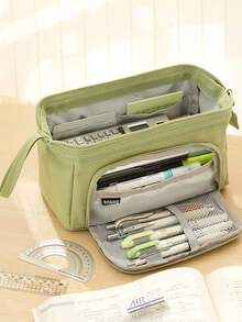 1pc Solid Color Stationery Bag, Simple Multi-layer Pen Bag For School Student Stationery Organizer - Green - View 2