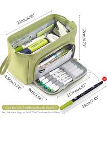 1pc Solid Color Stationery Bag, Simple Multi-layer Pen Bag For School Student Stationery Organizer - Green - View 3