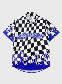 ROMWE MEN Street Life Hombres Camisa de cuadros & con estampado de fuego - Multicolor - Ver 1