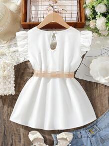 SHEIN 女孩蕾絲拼接荷葉邊腰帶荷葉邊下擺襯衫 - 白色 - 查看 2