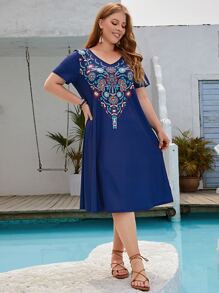 EMERY ROSE Plus Floral Print V Neck Tee Dress - Navy Blue - View 5