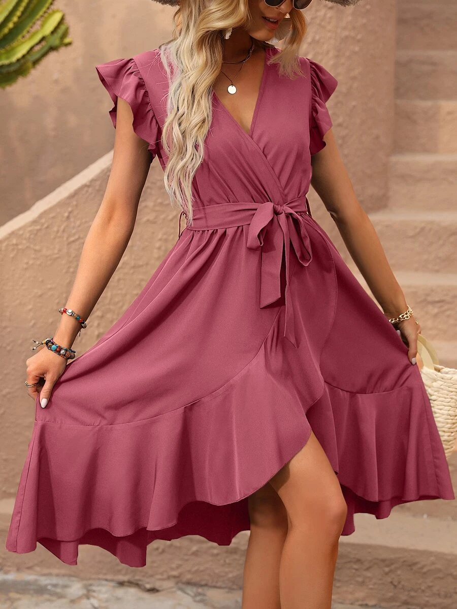 Breezaya 蝴蝶袖荷葉邊圍裹繫腰帶連衣裙 - 西瓜粉 - 查看 1