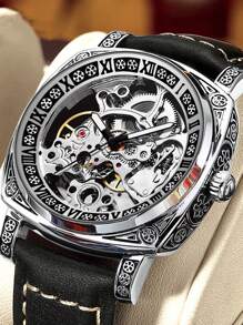 1入組黑色PU聚氨酯帶商業圓形錶盤機械手表,日常裝飾