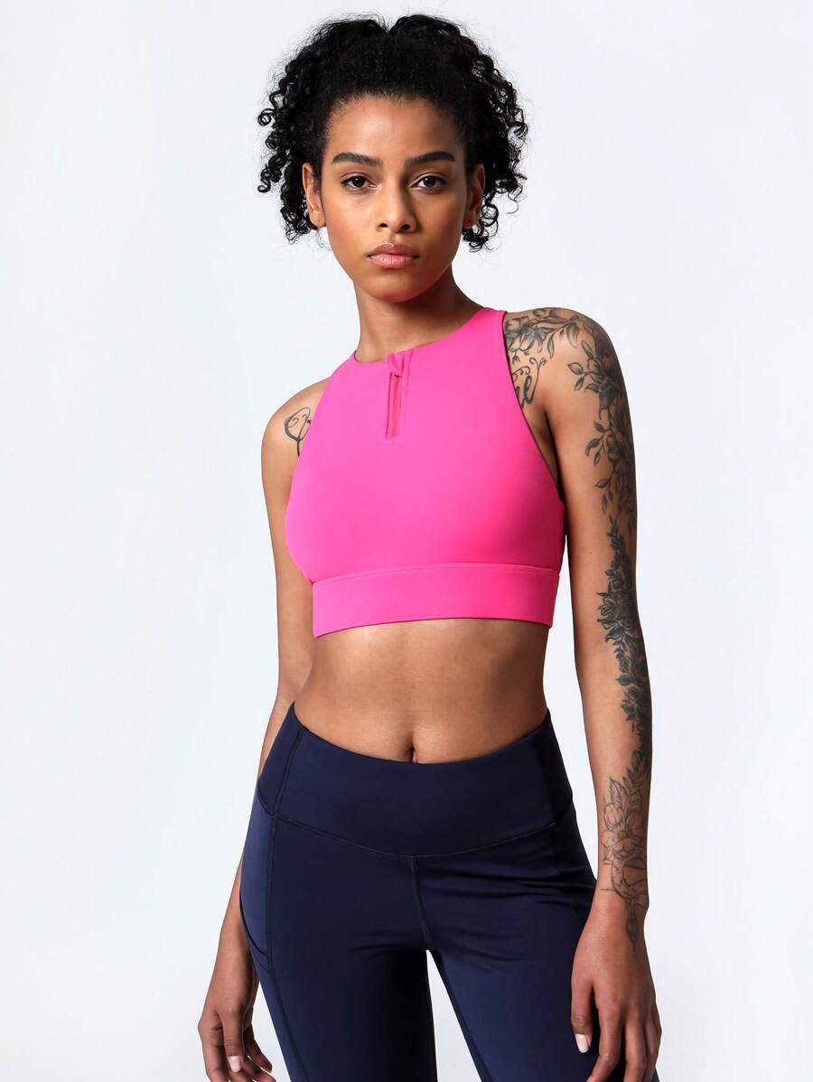 Solid Half Zip Sports Bras - Hot Pink - View 1
