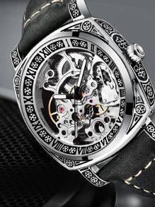 1入組黑色PU聚氨酯帶商業圓形錶盤機械手表,日常裝飾