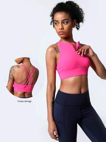 Solid Half Zip Sports Bras - Hot Pink - View 3