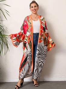 Plus Zebra Striped & Tropical Print Kimono - Multicolor - View 1