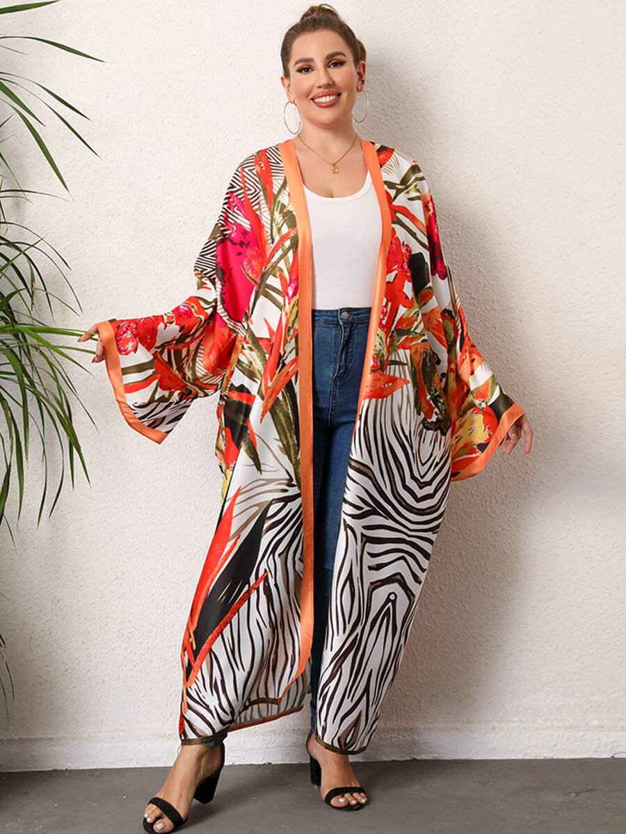Plus Zebra Striped & Tropical Print Kimono - Multicolor - View 1