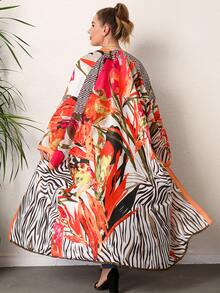 Plus Zebra Striped & Tropical Print Kimono - Multicolor - View 2