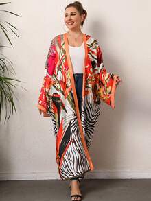 Plus Zebra Striped & Tropical Print Kimono - Multicolor - View 3