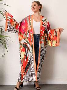 Plus Zebra Striped & Tropical Print Kimono - Multicolor - View 4