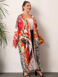 Plus Zebra Striped & Tropical Print Kimono - Multicolor - View 5