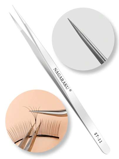 NAGARAKU Pinzas para extensión de pestañas, maquillaje de pestañas de acero inoxidable, 1 pieza de plata para colección de pestañas, ST-11 para profesionales, para recoger pestañas