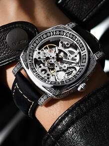 1入組黑色PU聚氨酯帶商業圓形錶盤機械手表,日常裝飾