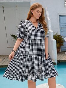 EMERY ROSE Vestido smock con estampado de guingán de manga farol bajo con fruncido