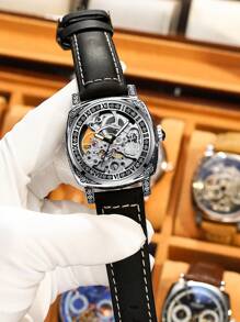 1入組黑色PU聚氨酯帶商業圓形錶盤機械手表,日常裝飾