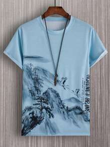 Manfinity Homme 男士山與標語圖案T恤無項鏈 - 藍色 - 查看 1