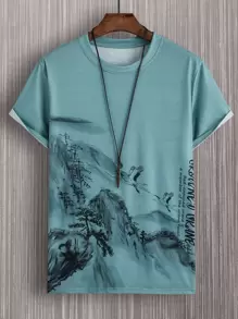 Manfinity Homme 男士山與標語圖案T恤無項鏈 - 青碧色 - 查看 1