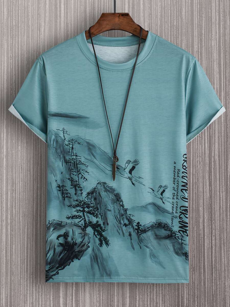 Manfinity Homme 男士山與標語圖案T恤無項鏈 - 青碧色 - 查看 1