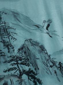 Manfinity Homme 男士山與標語圖案T恤無項鏈 - 青碧色 - 查看 3