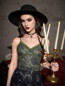 蝴蝶和雛菊圖案蕾絲拼接吊帶上衣 - 軍綠色 - 查看 3