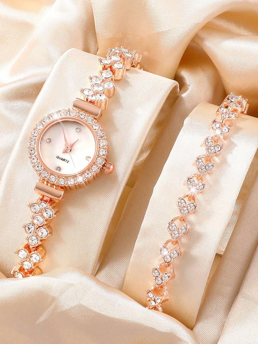 1 Nữ Hoa Hồng Vàng Kim Cương Giả Trang Trí Dây Thép Không Gỉ Quyến Rũ Mặt Tròn Đồng Hồ Thạch Anh & 1 Vòng Tay, Cho Cuộc Sống Hàng Ngày - Hoa hồng vàng - Xem 1