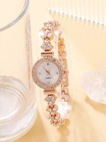 1 Nữ Hoa Hồng Vàng Kim Cương Giả Trang Trí Dây Thép Không Gỉ Quyến Rũ Mặt Tròn Đồng Hồ Thạch Anh & 1 Vòng Tay, Cho Cuộc Sống Hàng Ngày - Hoa hồng vàng - Xem 3