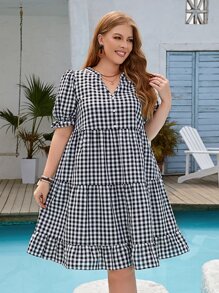 EMERY ROSE Vestido smock con estampado de guingán de manga farol bajo con fruncido