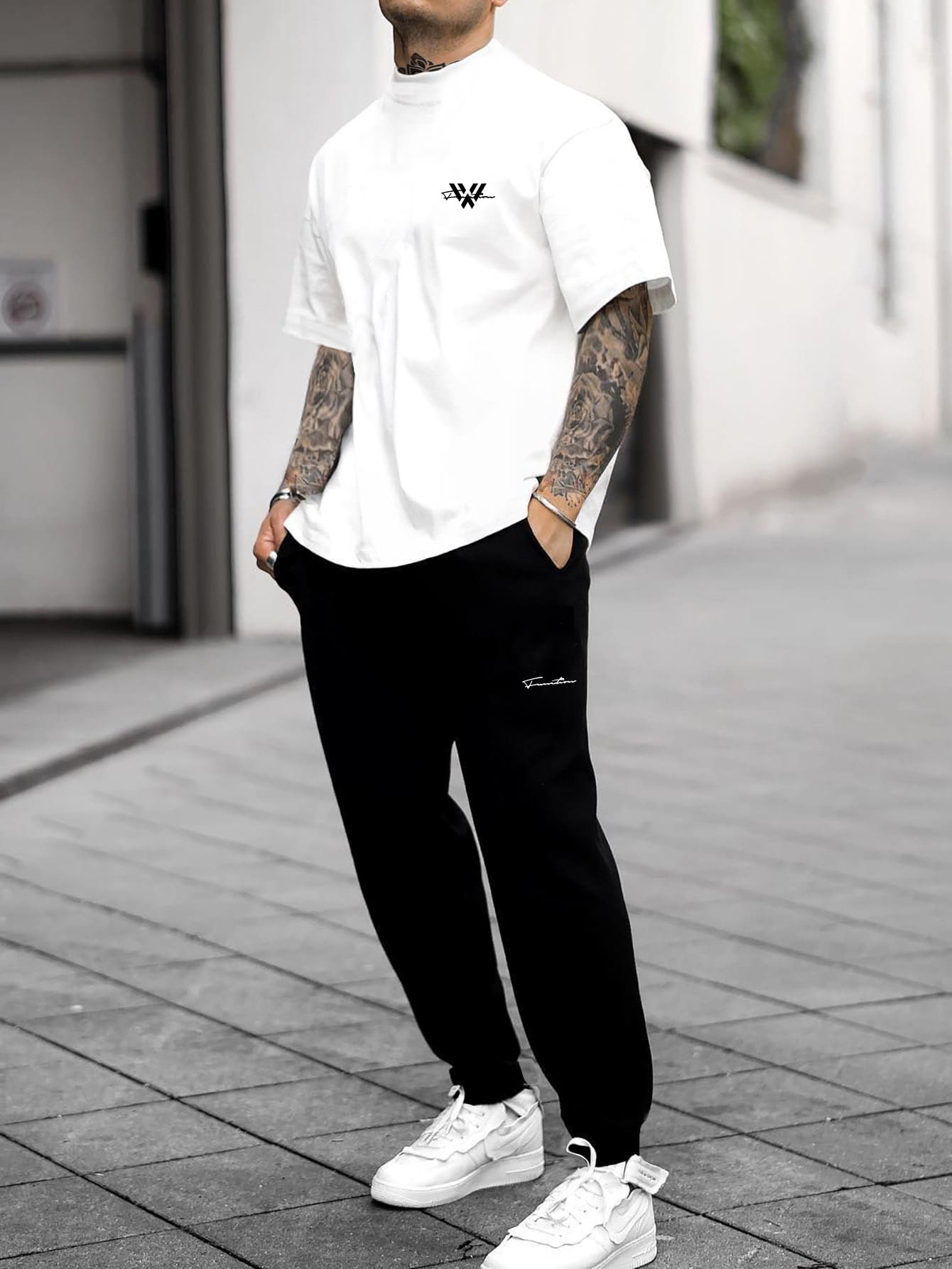 Manfinity Homme Hombres Pantalones deportivos con camiseta con estampado de letra de cuello alto - Blanco y Negro - Ver 1