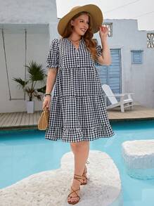 EMERY ROSE Vestido smock con estampado de guingán de manga farol bajo con fruncido