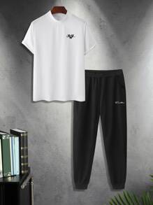 Manfinity Homme Hombres Pantalones deportivos con camiseta con estampado de letra de cuello alto - Blanco y Negro - Ver 3