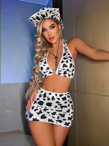 Cow Print Cut Out Animal Costume Set With Hat - Black and White - View 4
