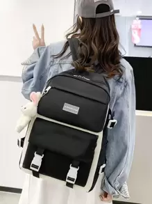 轻便、商务休闲 4 件套简约可爱背包套装、书包、手提包、铅笔盒和抽绳储物袋，适合少女、女士、大学生、大学、工作、适合少女、女士、大学生、新秀和白领，非常适合办公室、大学、小学、中学、高中、女士带袋书包、带铅笔袋的时尚书包 - 黑色 - 查看 2