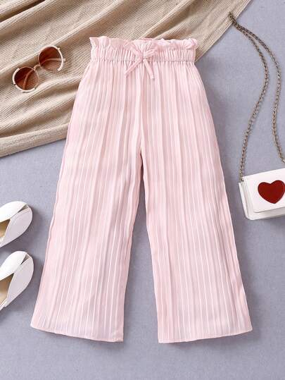 SHEIN 小女童紙袋腰前打結褶皺闊腿褲